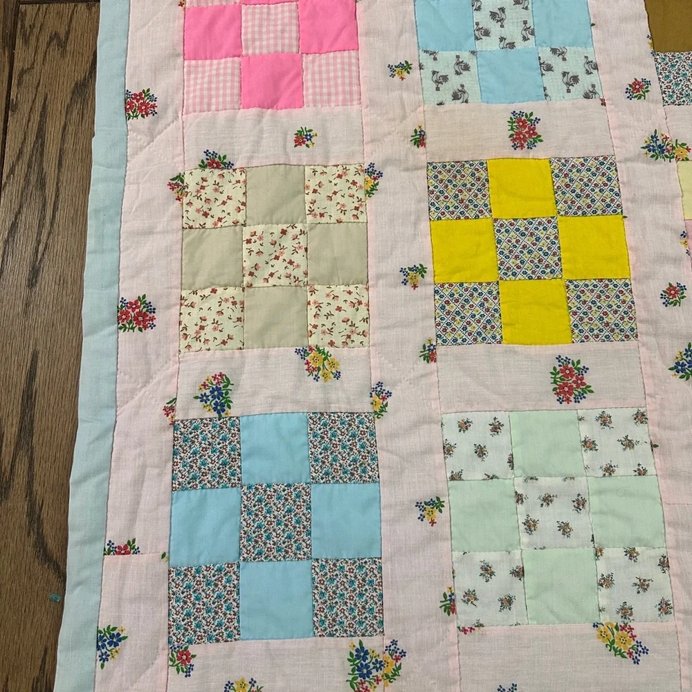 Handmade 9 Patch Pattern Baby Girl Quilt 36.6x52.5” Floral Bunnies Rooster